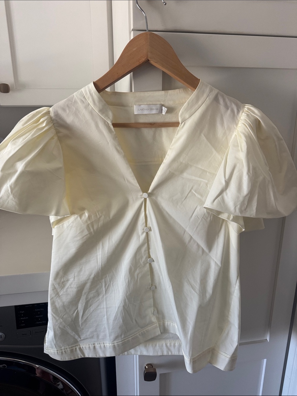 Jonathan Simkhai Cream Puff-Sleeve V-Neck Button Top